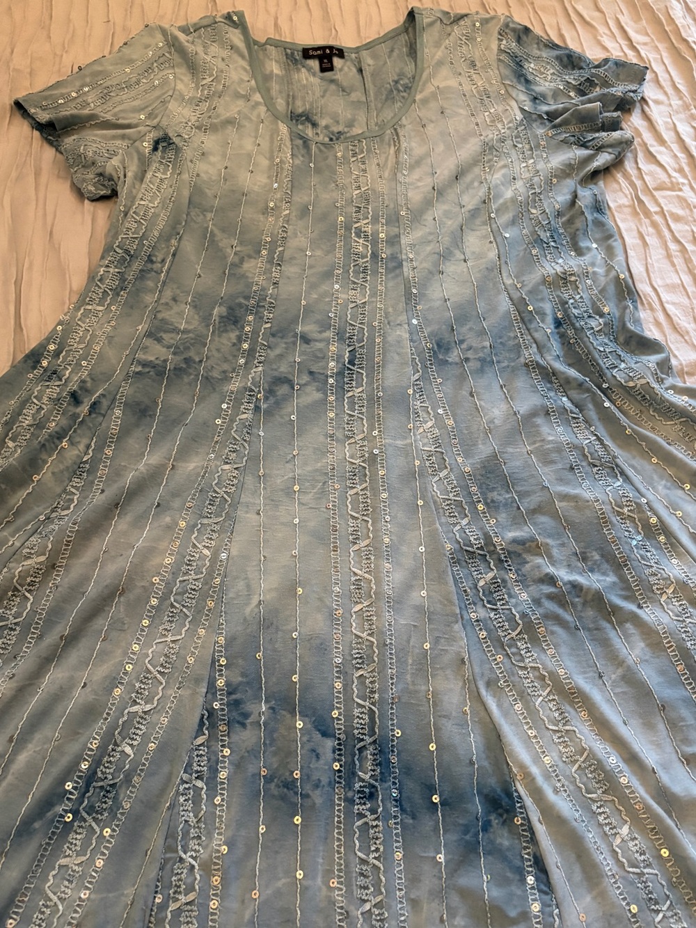 Sami & Jo Sequin Embroidered Tie Dye Fit & Flare Dress XL Blue